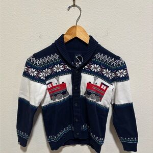 Janie and Jack Navy Fair Isle Shawl Collar Cardigan Holiday Train